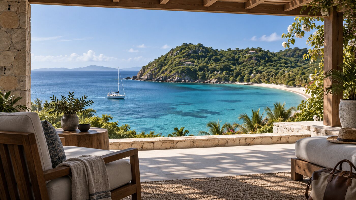A sunlit Caribbean bay viewed from a terrace